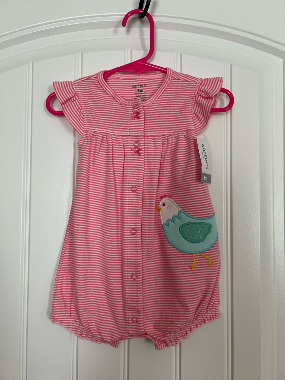 NWT Carter's Pink Striped Baby Girl Romper with Bird Applique Size 6 Months